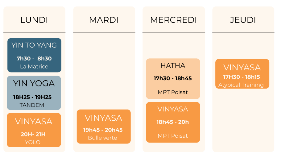 Retrouve tous les cours collectifs de yoga avec Sandra Naturoyoga pour l'année 2026 2027