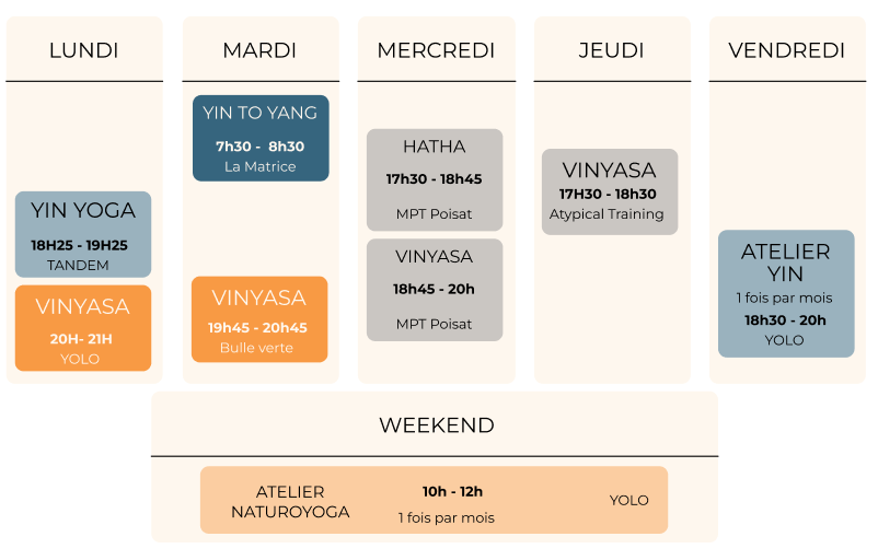 planning des cours collectifs de yoga avec Sandra Naturoyoga pour l'année scolaire 2026/2027